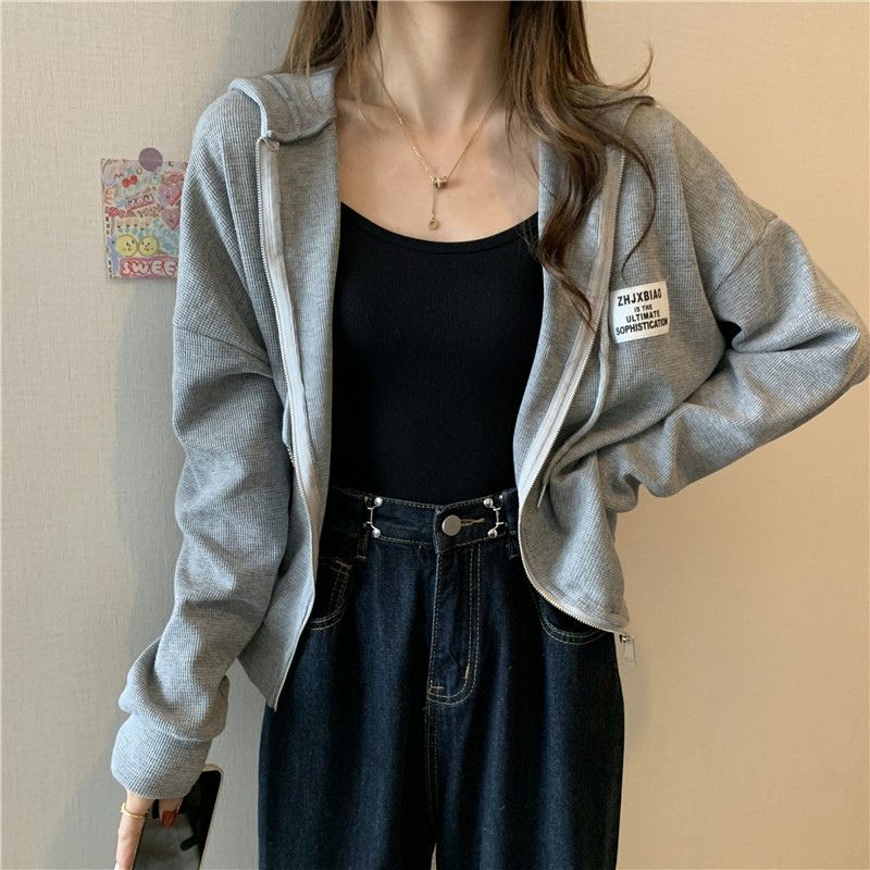 Waffle Knit Thin Sweatshirt For Women, New Early Spring Autumn Style, Loose And Versatile, Trendy Brand Hoodie Jacket,_ecoleips.com