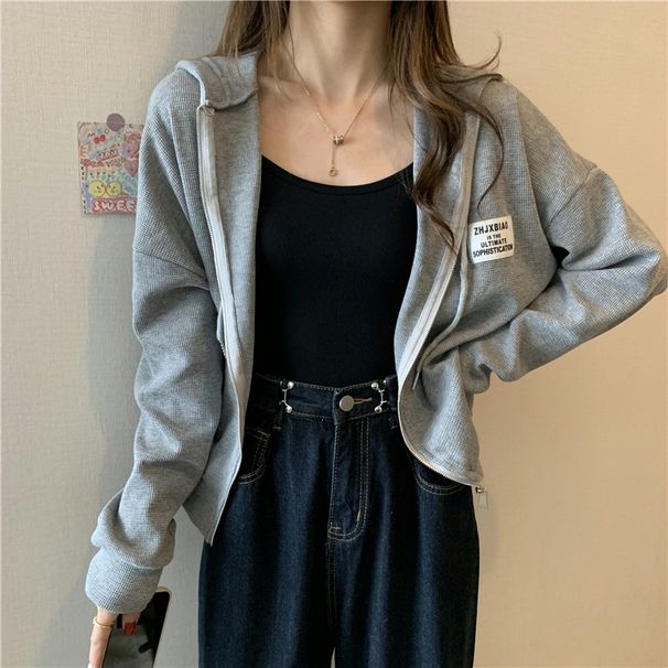 Waffle Knit Thin Sweatshirt For Women, New Early Spring Autumn Style, Loose And Versatile, Trendy Brand Hoodie Jacket,_ecoleips.com
