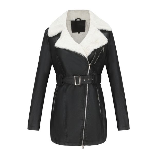 Women’s Faux Leather Jacket With Belt & Double Zipper – Plush Lined Winter Coat, Notch Lapel Long Sleeve (Casual & Commuter Style)_ecoleips.com