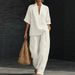 Spring Summer Women's Casual V Neck Pants Suit Loose Fitting Mid Sleeve Fashionable New Arrival_ecoleips.com
