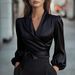Elegant Satin V Neck Slimming Top For Women Tie Waist New Style Spring Autumn Independent Websites_ecoleips.com