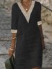 Women's Solid Color V Neck mid Sleeve Casual Dress Cotton And Linen Blend Independent Website Hot Selling 2023 European And American Style_ecoleips.com