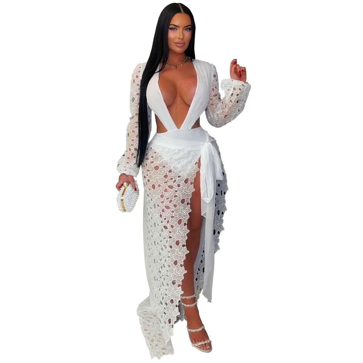 Women's Sexy Lace Mesh Dress Deep V-Neck High Slit Elegant Alluring Party Wear_ecoleips.com