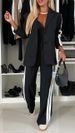 Women's White Tweed Blazer Pants Set, Striped Side Wide Leg Trousers Suit, Casual Two Piece Outfit, Elegant Long Sleeve Lapel Jacket For Daily Wear Of_ecoleips.com