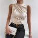 2024 Spring Summer New Fashion Versatile Solid Color Ruched Sleeveless Pullover Half High Neck T-Shirt For Women_ecoleips.com