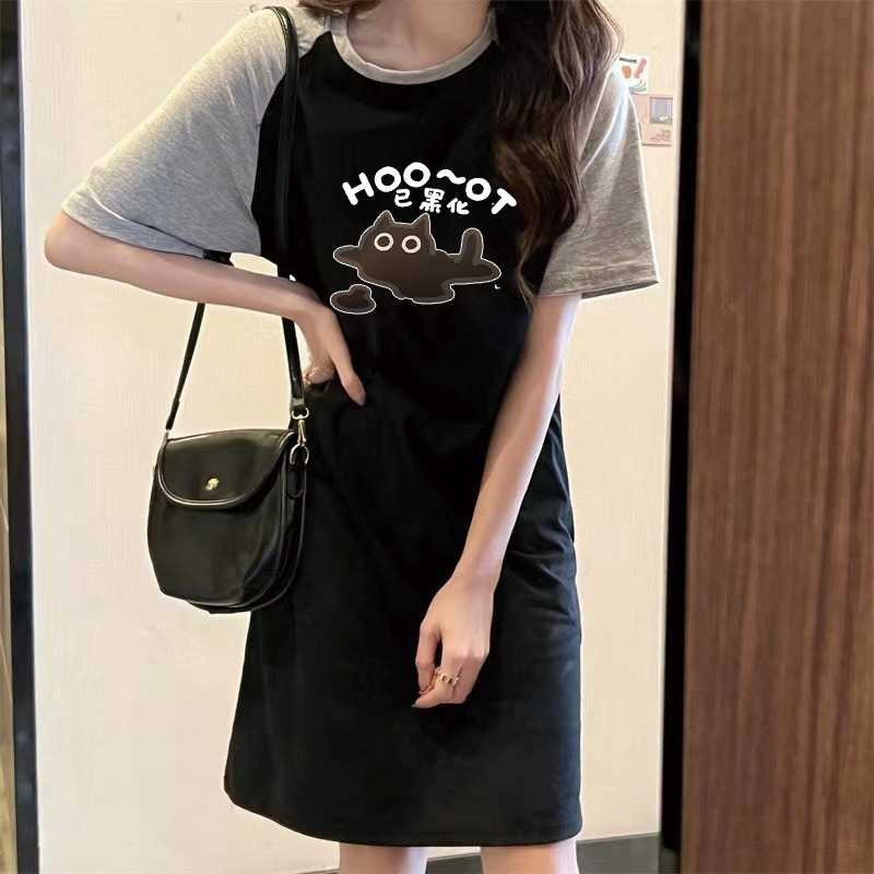 Summer Japanese Popular Cartoon Cute Kitten Loose Round-neck Short-sleeved Dress Women's Wear_ecoleips.com