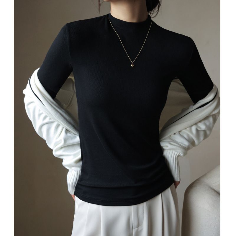 Women's High Elastic White Ribbed Base Layer Long Sleeve T-Shirt Stand up Collar Slim Fit Autumn Winter Inner Layer Top_ecoleips.com