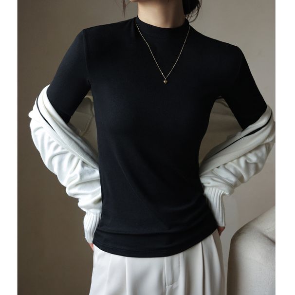 Women's High Elastic White Ribbed Base Layer Long Sleeve T-Shirt Stand up Collar Slim Fit Autumn Winter Inner Layer Top_ecoleips.com