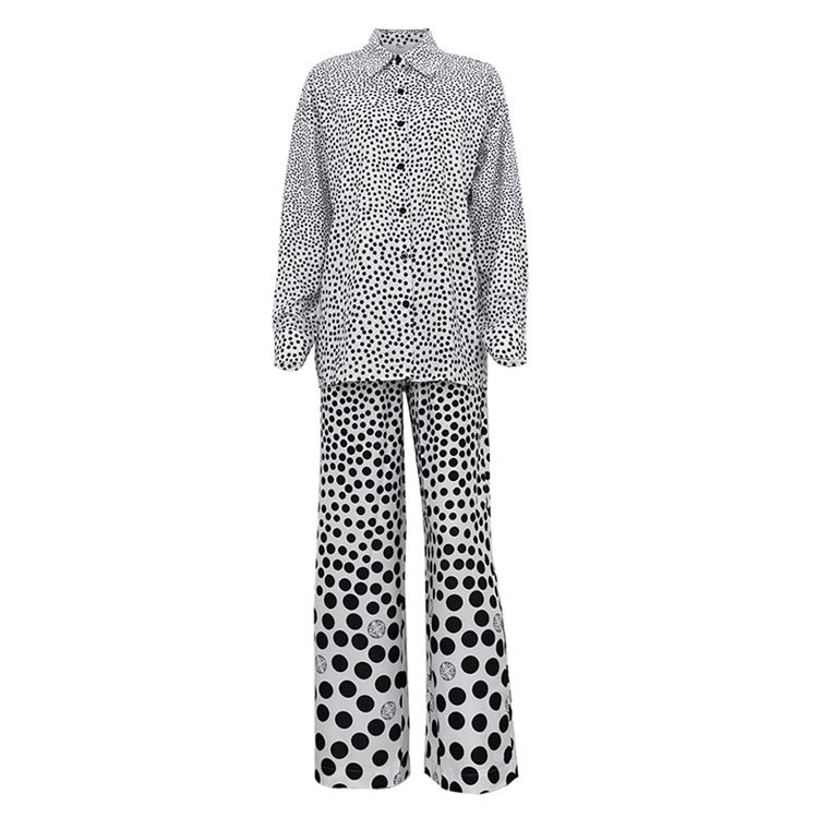 Women's Clothing Polka Dot Print Drape Two Piece Suit Loose Lazy Long Sleeved Shirt Wide Leg Pants Fashion Suit_ecoleips.com