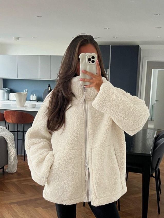 Women's Cozy Fleece Coat With High Neck - Soft Loose Fit Winter Jacket For Casual & Office Wear (Khaki, Coffee, Beige)_ecoleips.com