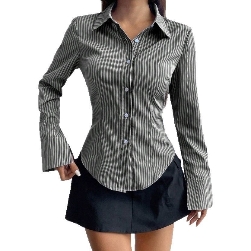 Women's Blue Striped Fitted Button Down Shirt, Long Sleeve Slim Fit Office Blouse With Flare Cuffs For Casual & Business Wear_ecoleips.com