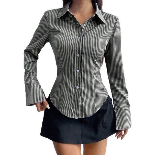 Women's Blue Striped Fitted Button Down Shirt, Long Sleeve Slim Fit Office Blouse With Flare Cuffs For Casual & Business Wear_ecoleips.com