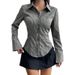Women's Blue Striped Fitted Button Down Shirt, Long Sleeve Slim Fit Office Blouse With Flare Cuffs For Casual & Business Wear_ecoleips.com