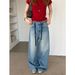 ICC Early Spring New Model Washed Faded Simple Women's Drawstring Loose Wide-leg Jeans 10250_ecoleips.com