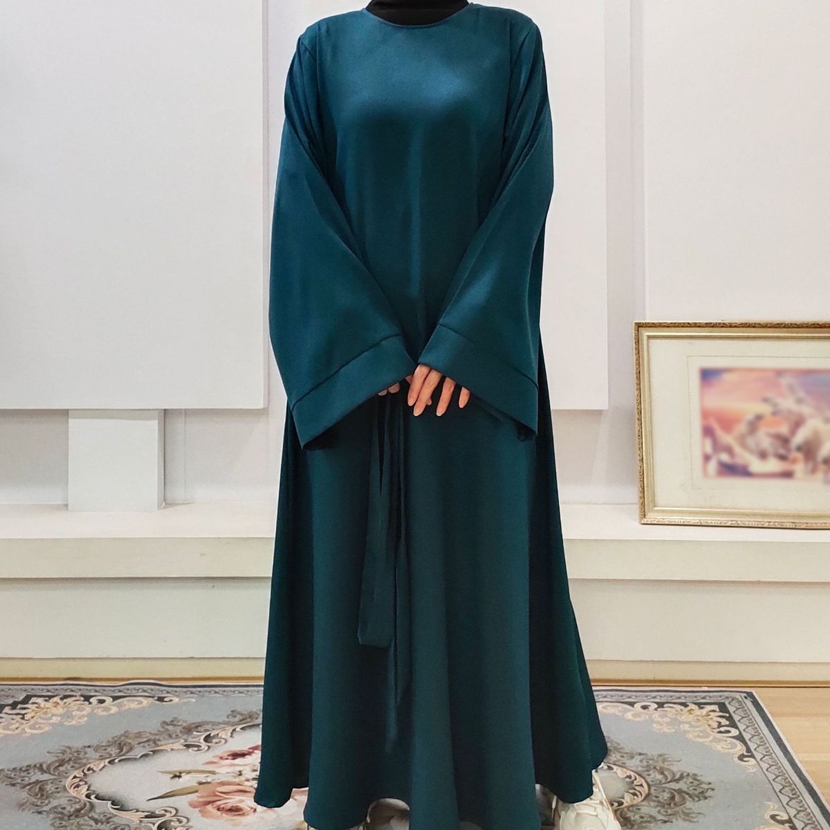 Muslim Plain Bell Long Sleeve Loose Belt Solid Color Women's Robe_ecoleips.com