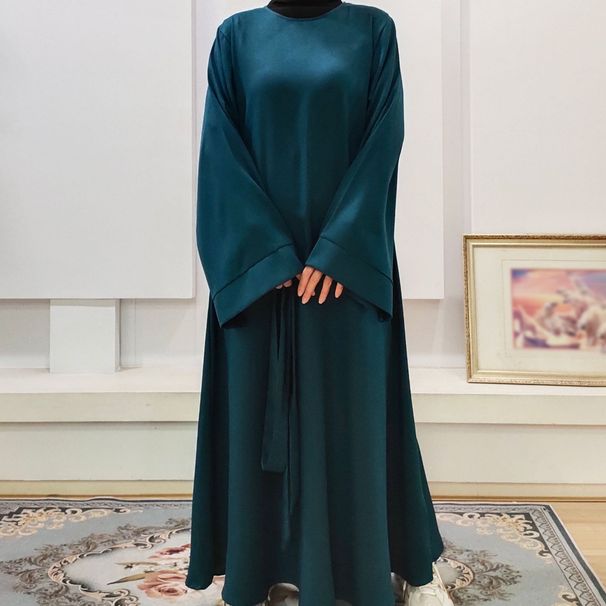 Muslim Plain Bell Long Sleeve Loose Belt Solid Color Women's Robe_ecoleips.com