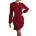 Women's Long Sleeve Bodycon Knit Dress, High Waist A-Line Dress With Ruffle Hem, Sexy & Elegant Fall/Winter Dress (Burgundy/Black/Khaki)_ecoleips.com