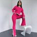 Cropped Knit Sweater & Slit Hem Pants Set – Contrast Panel Ribbed Two-Piece Outfit For Women (Hot Pink, S/M/L)_ecoleips.com