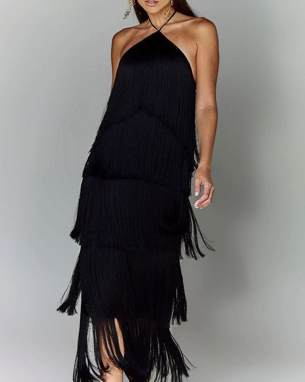 Women's Clothing Fashion Halter Neck Tassel Backless Slit Dress Women's Clothing Backless Slit Dress Women's Fashion Dress_ecoleips.com