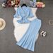 French Style Two Piece Women's Set Elegantly Fitted V Neck Knit Top With Ruffled Hem And Bodycon Skirt For Spring/Autumn/Summer_ecoleips.com