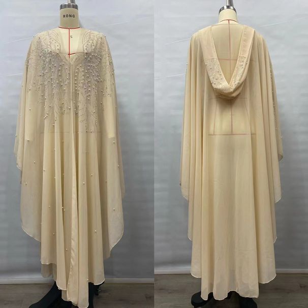 Verve Long Robe Muslim Shawl Hooded Cape Dress Batwing Sleeve Beaded Beige_ecoleips.com