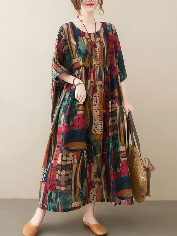 Short Sleeve Cotton Linen Vintage Print Summer Long Dresses For Women 2026 Casual Loose Holiday Ladies Dress Elegant Clothes_ecoleips.com