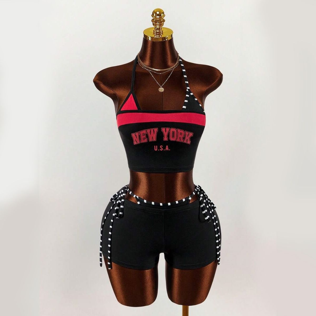 Women's Y2K Style Two Piece Tight Shorts Set Halter Neck Print Backless Top Sexy European American Tie Front Top Shorts Set_ecoleips.com