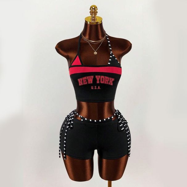Women's Y2K Style Two Piece Tight Shorts Set Halter Neck Print Backless Top Sexy European American Tie Front Top Shorts Set_ecoleips.com