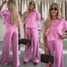 New European And American Casual T-shirt Set, Solid Color Short-sleeved T-shirt Top, Wide-leg Pants Two-piece Set For Women_ecoleips.com