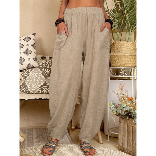 Women's Solid Color Loose Cotton Linen Casual Harem Pants European American Style Bottoms for Home Wear_ecoleips.com