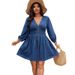 Women's plus Size Denim Dress V Neck Slim Waist Casual Fashion Mid-Length Slimming Effectiveness_ecoleips.com