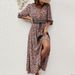Bohemian Rayon Printed Dress Three Quarter Sleeve Waist Cinching For Travel Vacation Beach Wear Women's Clothing_ecoleips.com
