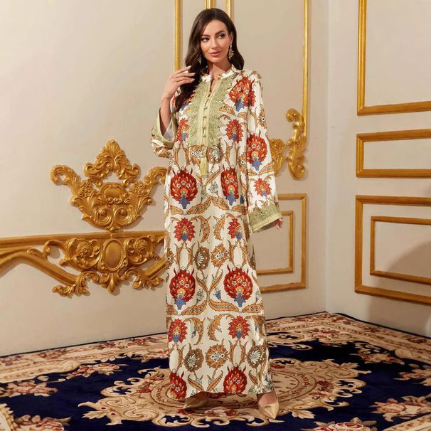 Women's Clothing Women's Dress One Size Fashion Long Dress Printed Lace V Neck Dress_ecoleips.com