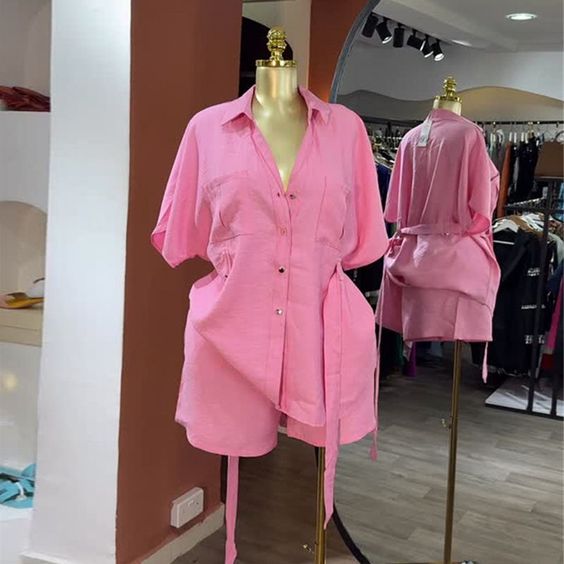 Women's Casual Lapel Shirt And Wide Leg Shorts Set Fashion Autumn New Loose Tie Short Sleeved Clothing_ecoleips.com