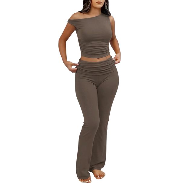 Women's Off Shoulder Short Sleeve T-Shirt And High Waist Yoga Set Casual Comfort Stretchy Lounge Wear_ecoleips.com