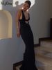 Hugcitar Black Strap Deep V Neck Backless Sexy Bodycon Maxi Dress 2023 Summer Women Elegant Clothes Festival Rave Party Club Y2K_ecoleips.com