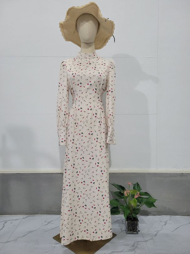 Women's Spring Floral Print Dress Gentle Tie Waist European American Style Long Sleeve Loose Fit_ecoleips.com