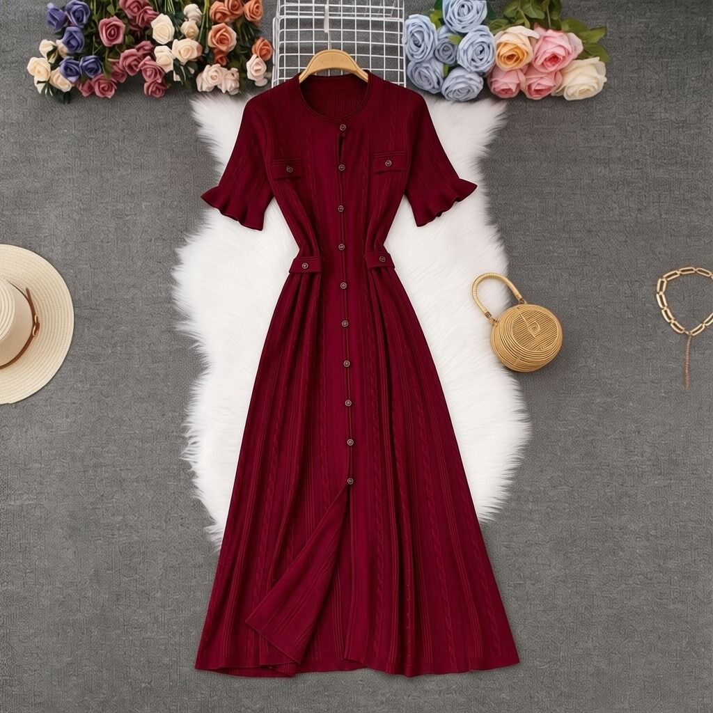 Women's Clothing Women's Solid Color Knit Dress Summer Short Sleeved Single Breasted Hollowed Out Skirt High End Feel Style For Formal & Casual_ecoleips.com