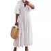 Women's Clothing Summer New Woven Solid Color V Neck Button Pleated Loose Casual Dress_ecoleips.com