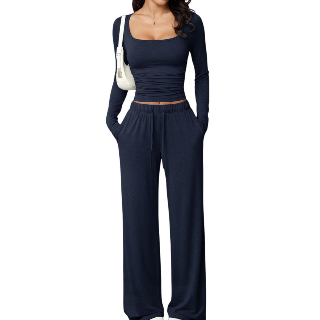Women's Autumn Casual Lounge Set - Long Sleeve Crop Top & High-Waisted Pants, Comfortable Stretchy Outfit For Workout, Travel & Daily Wear_ecoleips.com