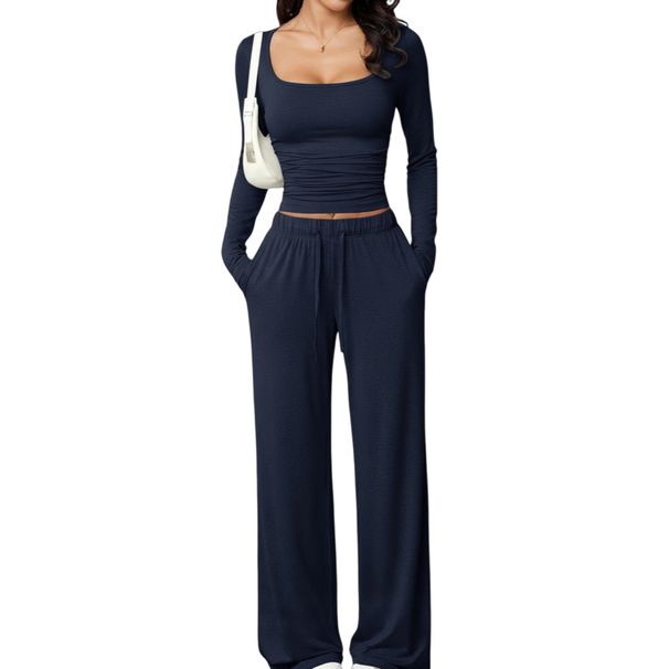 Women's Autumn Casual Lounge Set - Long Sleeve Crop Top & High-Waisted Pants, Comfortable Stretchy Outfit For Workout, Travel & Daily Wear_ecoleips.com