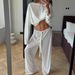 Beige Knitted Loose Sleeve Long Pants Wearable Pajamas Two-Piece Set European And American Autumn New Home Wear For_ecoleips.com