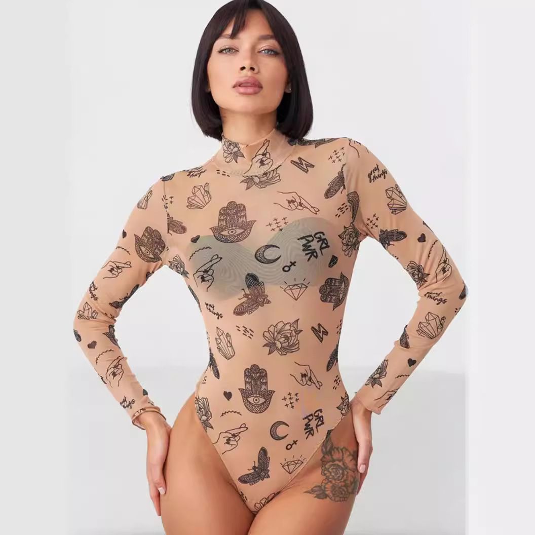 Spring Summer Women's Sexy Long Sleeve Bodysuit European American Western Pattern Print Jumpsuit Romper for Ladies_ecoleips.com