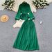 Elegant Women's Minimalist Solid Color Puff Sleeve Shirt Tie Front Slimming Midi Length Elastic Waist Spring Pant Set_ecoleips.com