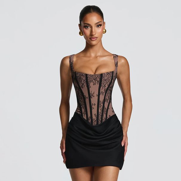 Women's Elegant Square Neck Dress Lace Print Line Pleated Patchwork European American Style Spring Summer New Cross Border Clothing_ecoleips.com