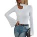 Voya Women's 2026 Spring/Summer New Item Asymmetric Hem Horn Sleeve V-neck Slimming Long Sleeve T-shirt Top_ecoleips.com