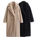 Women's Fleece Lined Double Breasted Trench Coat - Oversized Long Coat With Button Detail (Black/Dark Khaki)_ecoleips.com