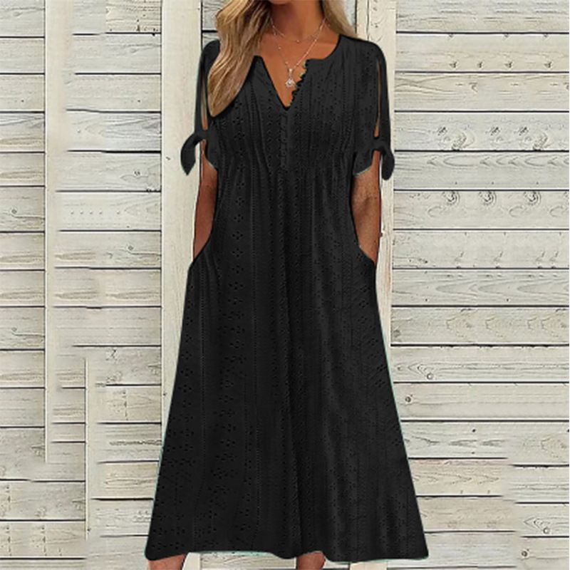 Women's Summer Dress With Perforated V-Neck Lace And Pleated Edges_ecoleips.com