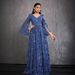 New European American Style Sequined Long-sleeve Blue Evening Dress, Elegant And High-end, Simple V-neck Party Dress_ecoleips.com