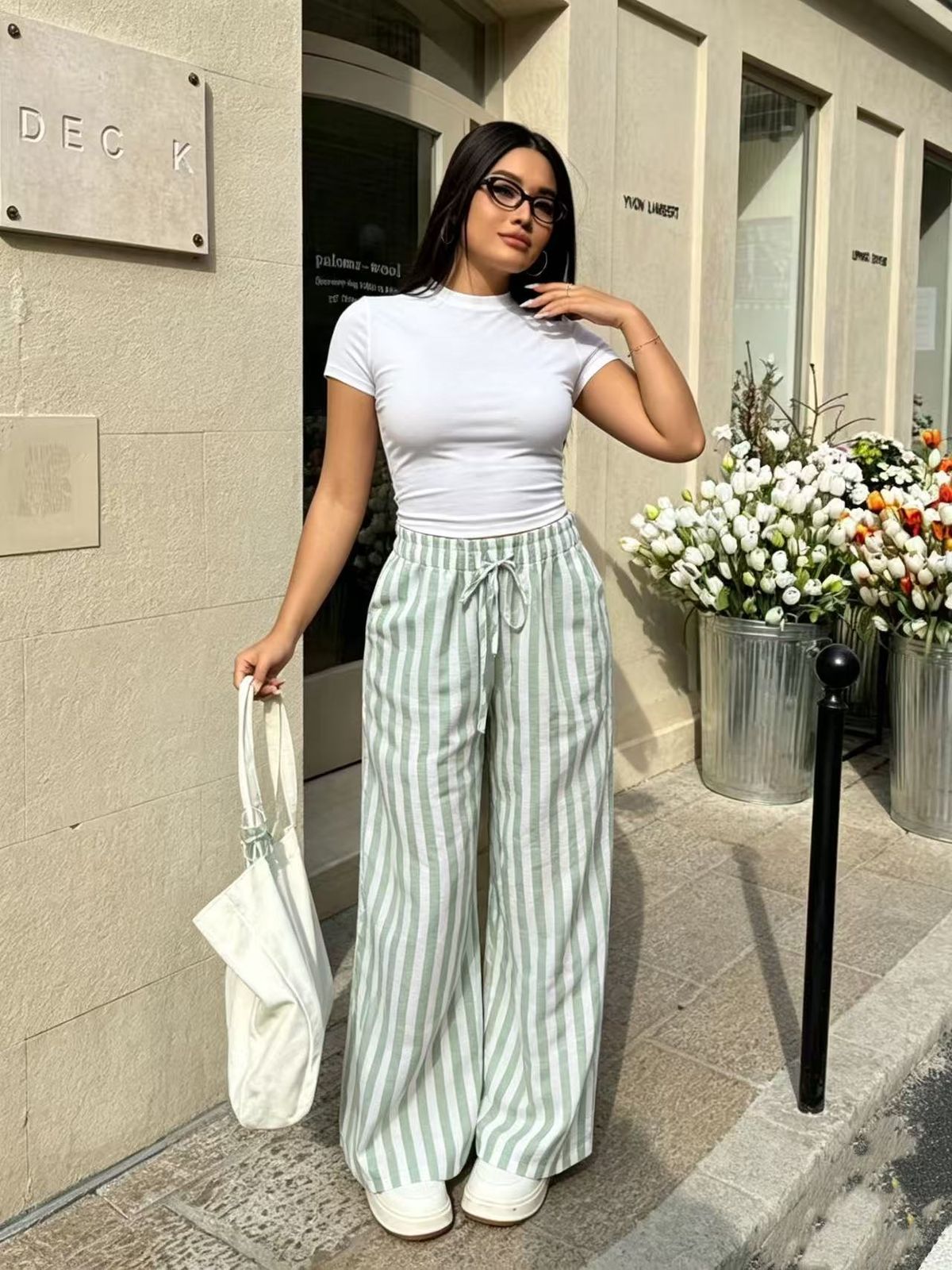 Classic White T-Shirt & Wide Leg Stripe Pants Set, Casual Two-Piece Outfit For Women, Comfortable Daily Wear Loungewear Co-Ords_ecoleips.com